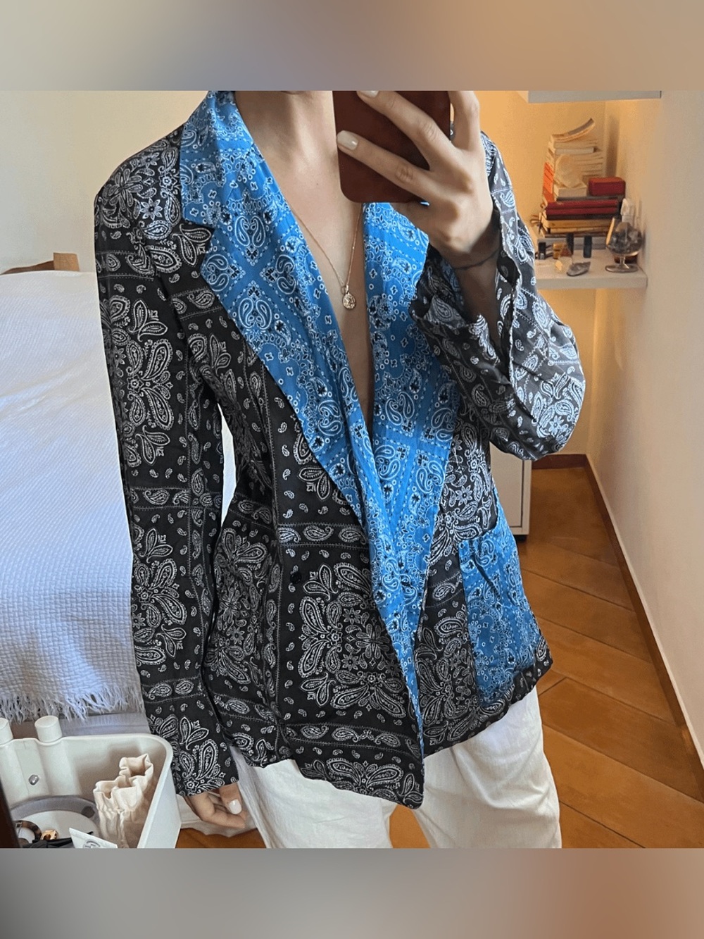 Zara Paisley Bandana Print Kimono Wrap Top Small Black Blue Belted Cotton
